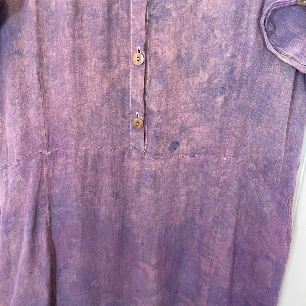 FLAX‎ Tie Dye 100% Linen Maxi Dress Purple Lagenlook Short Sleeve Shawl Collar L - Picture 3 of 5